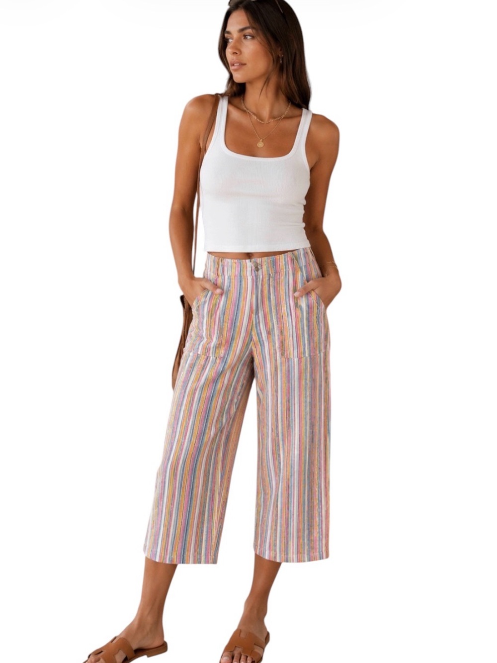 7 For All Mankind Multicolor Stripe Linen Blend Wide-Leg Crop Pants